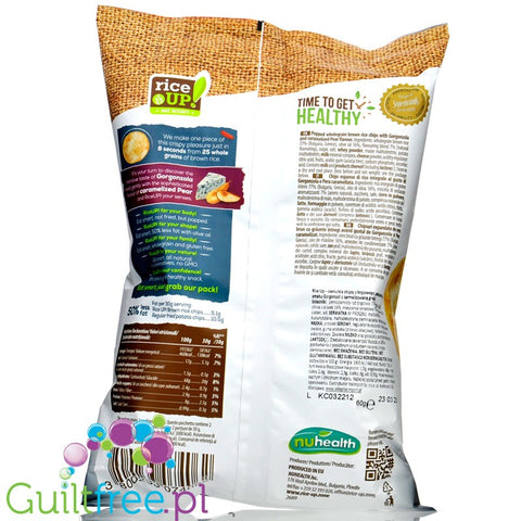 RiceUp thin Gorgonzola & Carmelized Pear flavored whole-grain thin brown rice chips