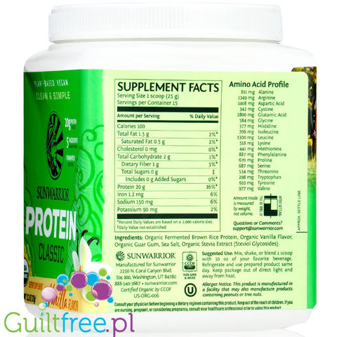 Sunwarrior Protein Classic Vanilla - vegan protein powder with stevia