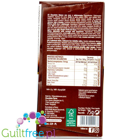 White chocolate with no added sugar, with pieces of coconut