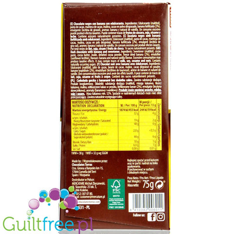 Torras Dark chocolate without added sugar, with pieces of banana, sweetened with maltitol