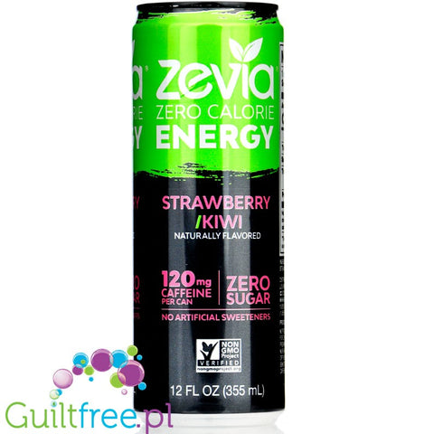 Zevia Energy Strawberry Kiwi- a carbonated sugar-free drink with a grapefruit flavor, contains a sweetener (stevia)