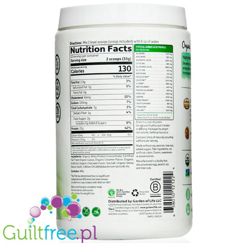 Garden of Life Organic Whey  - Grass Fed, Chocolate Cacao - 396 g