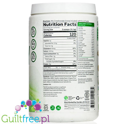 Garden of Life Organic Whey  - Grass Fed, Vanilla - 378 g