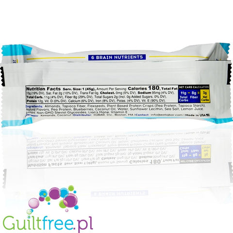 IQ Bar Lemon Blueberry Brain & Body plant protein bar with Lion's Mane, MCTs, Omega-3, flavonoids, vitamin-E and choline