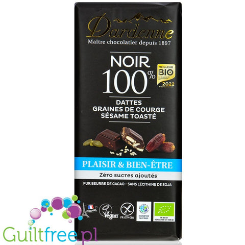 Dardenne Tablette NOIR 100% - zéro sucres ajoutés- DATTES, GRAINES de courge et SESAME toasté 100g