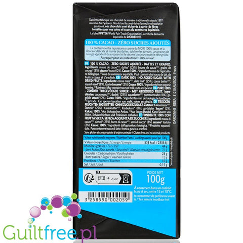 Dardenne Tablette NOIR 100% - zéro sucres ajoutés- DATTES, GRAINES de courge et SESAME toasté 100g