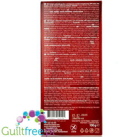 RED Chocolette no sugar added dark chocolate, 60% cocoa, 40% less calories