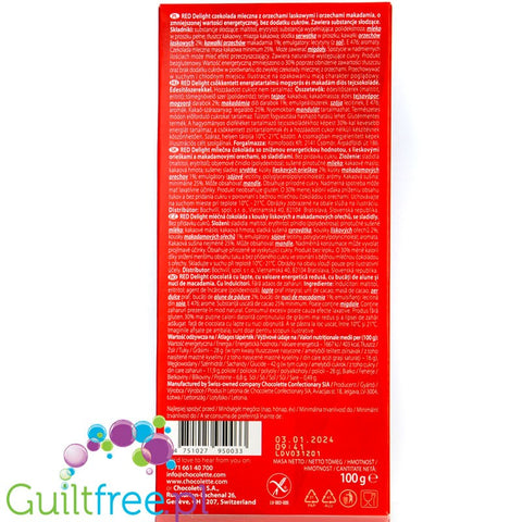 RED Chocolette no sugar added milk chocolate with hazelnuts and macadamia, 35% less calories
