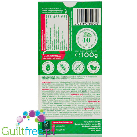 Simply Keto Milk Chocolate - sugar free,  gluten free, maltitol free & palm oil free