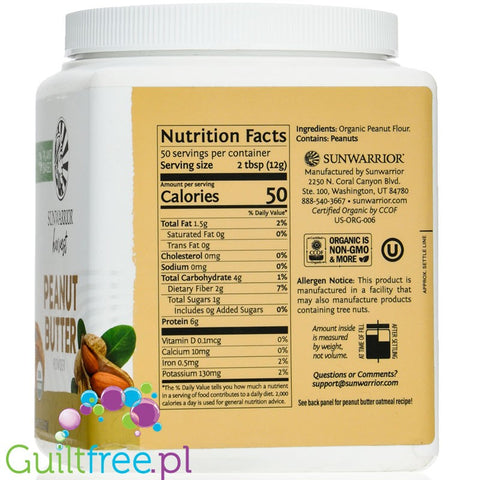 Sunwarrior Harvest Peanut Butter 0,6KG - organiczne odtłuszczone masło orzechowe w proszku 50% białka