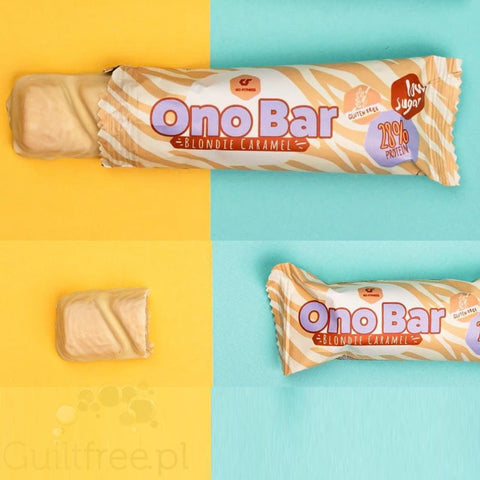 Go Fitness Ono Bar Blondie Caramel - bezglutenowy wafelek a la Bueno w białej czekoladzie z karmelem, 10g białka