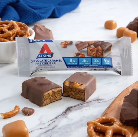 Atkins Snack Chocolate Caramel Pretzel PUDEŁKO x 5 batonów - niskocukrowy baton 150kcal & 8g białka