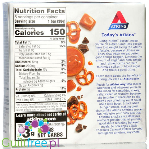 Atkins Snack Chocolate Caramel Pretzel PUDEŁKO x 5 batonów - niskocukrowy baton 150kcal & 8g białka