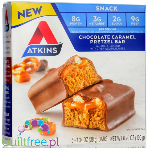 Atkins Snack Chocolate Caramel Pretzel PUDEŁKO x 5 batonów - niskocukrowy baton 150kcal & 8g białka