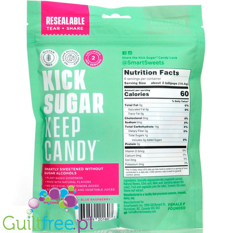 Smart Sweets Lollipops, Blue Raspberry & Watermelon - high fiber, sugar & maltitol free lollies