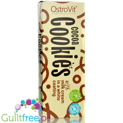 Ostrovit Cookies Milk Cream & White Coating - ciastka kakaowe z kremem mlecznym  w białej polewie bez dodatku cukru