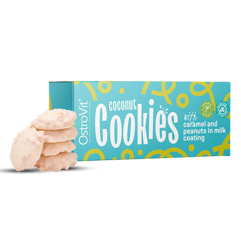 Ostrovit Coconut & Caramel Cookies - ciastka kokosowe z karmelem i orzechami arachidowymi w białej polewie cukru