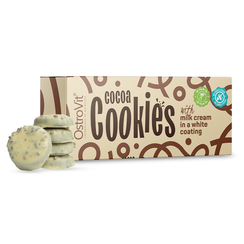 Ostrovit Cookies Milk Cream & White Coating - ciastka kakaowe z kremem mlecznym  w białej polewie bez dodatku cukru