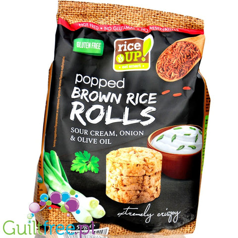 RiceUp Rolls Sour Cream, Onion & Olive Oil - cebulowe krążki z brązowego, pełnoziarnistego ryżu z oliwą