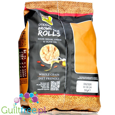 RiceUp Rolls Sour Cream, Onion & Olive Oil - cebulowe krążki z brązowego, pełnoziarnistego ryżu z oliwą