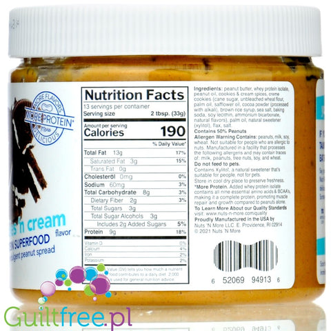Nuts 'N More Cookies Cream WPI protein infused peanut spread with xylitol