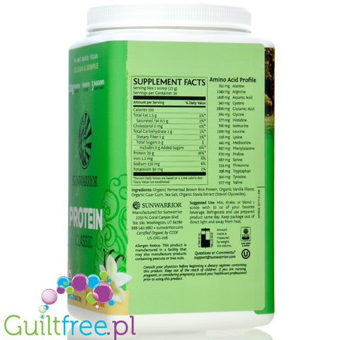 Sunwarrior Protein Classic Vanilla 0,75KG - organiczna wegańska odżywka białkowa ze stewią
