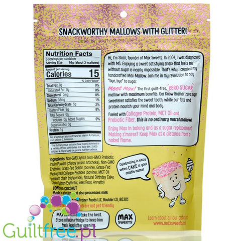 Know Brainer Max Mallow Birthday Cake - keto pianki marshmallow z kolaganem i MCT, Tort Urodzinowy