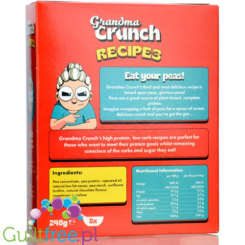 Grandma Crunch Protein Recipe3 Cocoa - wegańskie płatki śniadaniowe bez cukru 30% białka, Kakao