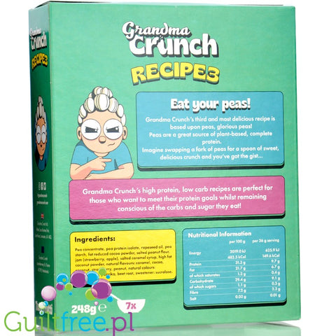 Grandma Crunch Protein Recipe3 Tutti Frutti - wegańskie płatki śniadaniowe bez cukru 30% białka, mix 5 smaków