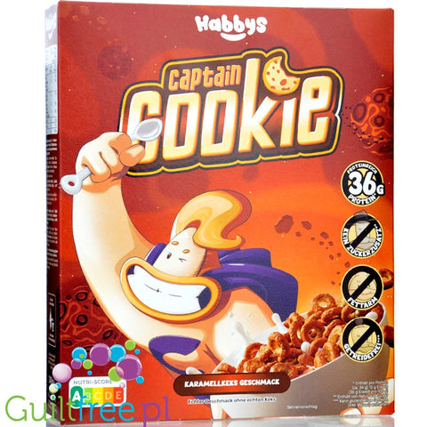 Habbys Captain Cookie Karamellkeks - proteinowe płatki śniadaniowe bez cukru 32g białka, karmelowo-ciasteczkowe