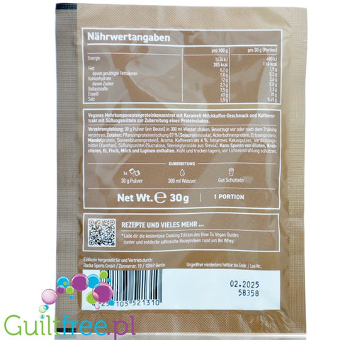 Rocka Nutrition NO WHEY Vanilla Caramel Latte 30g- wegańska odżywka białkowa 5 źródeł białka, Latte Karmelowo-Waniliowe