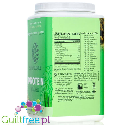 Sunwarrior Protein Classic Unflavored 0,75 KG - organiczna wegańska odżywka białkowa bez cukru i słodzików