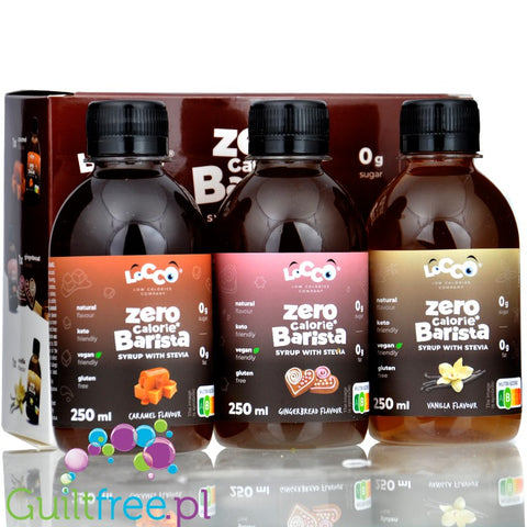Locco Zero Calorie Barista Sampler Box 3 x 250ml - zestaw koneserski, syrop zero do kawy bez cukru,  Wanilia, Karmel & Piernik