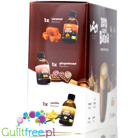 Locco Zero Calorie Barista Sampler Box 3 x 250ml - zestaw koneserski, syrop zero do kawy bez cukru,  Wanilia, Karmel & Piernik