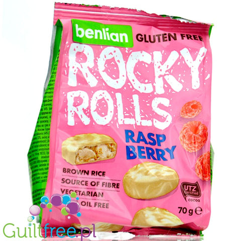 Benlian Rocky Rolls Raspberry - bezglutenowe wafle ryżowe z brązowego ryżu, malina w białej czekoladzie
