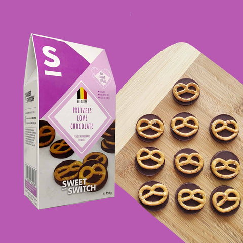 Sweet Switch Pretzels Love Chocolate - wegańskie talarki ciemnej czekolady bez cukru z precelkami