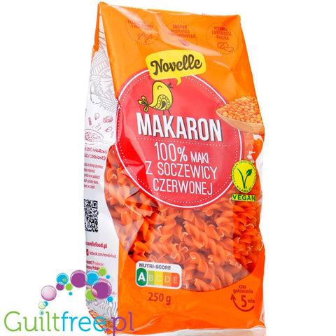 Novelle Makaron z Czerwonej Soczewicy 100%, Fusilli - wegański makaron świderki z czerwonej soczewicy 24g białka