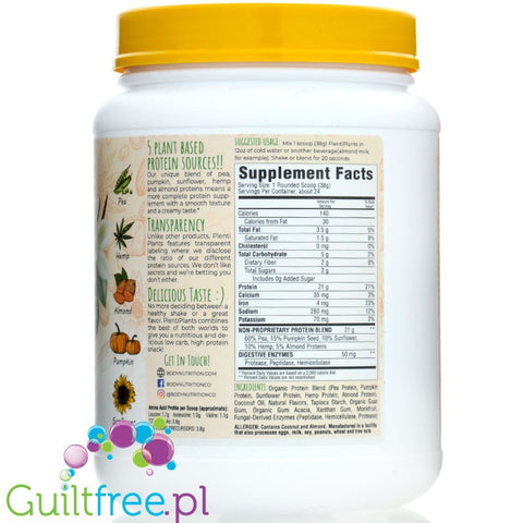 Body Nutrition Plenti Plants Vanilla Bean 907g - unsweetened vegan supplement, Mix of 5 vegetable proteins