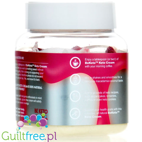 BeKeto Keto Krem™ White Chocolate & Raspberry - krem kokosowy bez cukru z MCT, Biała Czekolada & Malina