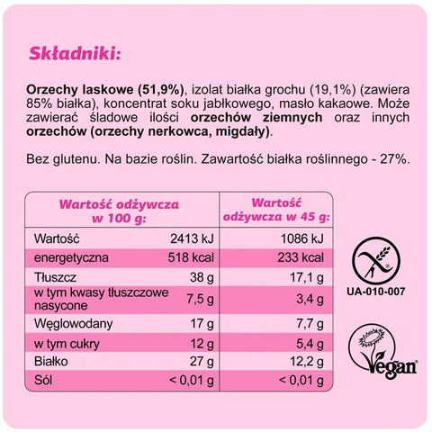 FIZI Protein Hazelnut - wegański baton proteinowy - 4 składniki - bez dodatku cukru i słodzików