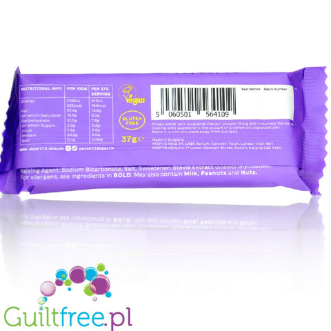 MisFits Vegan Protein Wafer Chocolate Caramel - wegański wafelek proteinowy w ciemnej czekoladzie o smaku karmelowym