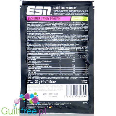 ESN Designer Whey White Chocolate Pistachio, saszetka - WPI, WPH i WPC, odżywka o smaku Pistacja & Biała Czekolada