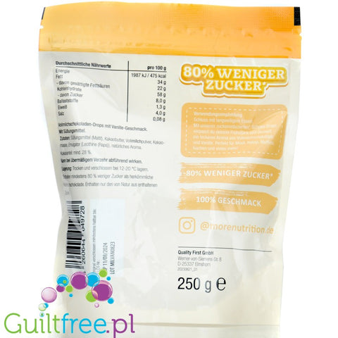 More Nutrition Schoko Drops Milk Chocolate Vanilla - kropelki mlecznej czekolady o smaku waniliowym bez dodatku cukru