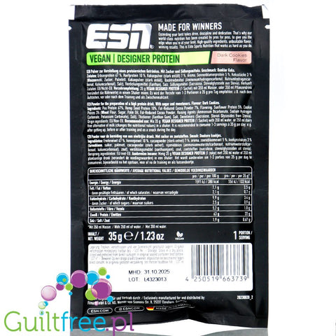 ESN Vegan Designer Protein, Dark Cookies - wegańska odżywka o smaku Ciemnych Ciasteczek, saszetka 30g