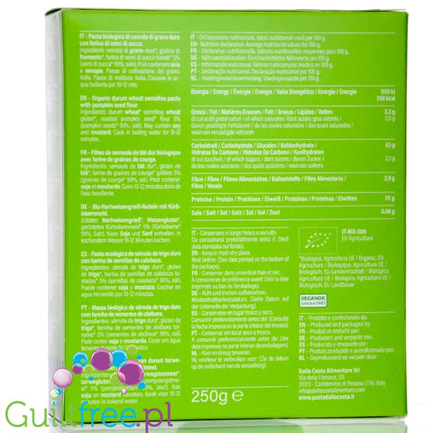 Dalla Costa Makaron Proteinowy BIO semolinowy z dynią, świderki, bezglutenowy, wysokobiałkowy