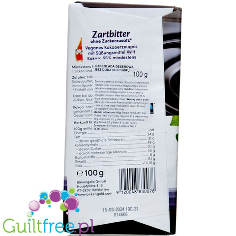 BirkenGold Zartbitter - dark chocolate 55% cocoa without sugar, sweetened with xylitol