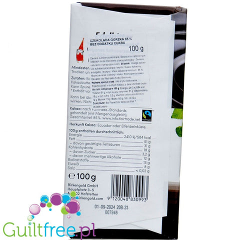 BirkenGold Edelbitter - dark chocolate 85% sugar-free, sweetened with xylitol