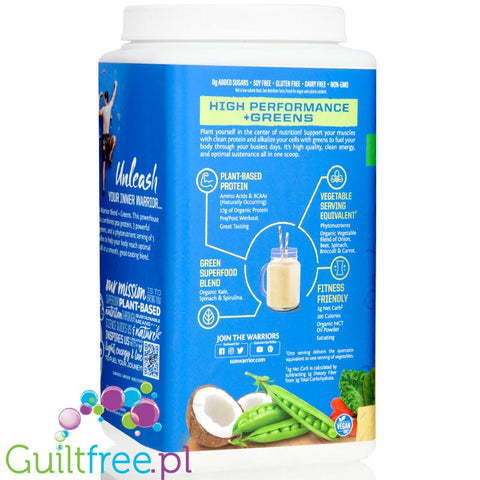 Sunwarrior Protein Warrior Blend + Greens , Vanilla 0,75kg - wegańska organiczna odżywka białkowa z ekstraktami roślinnymi i MCT