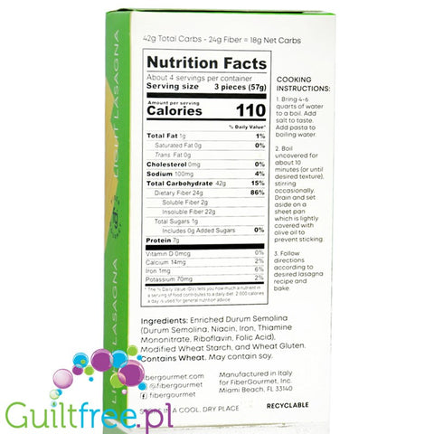 Fiber Gourmet Light Lasagna - niskowęglowodanowy makaron 48% mniej kalorii, płaty lasagna