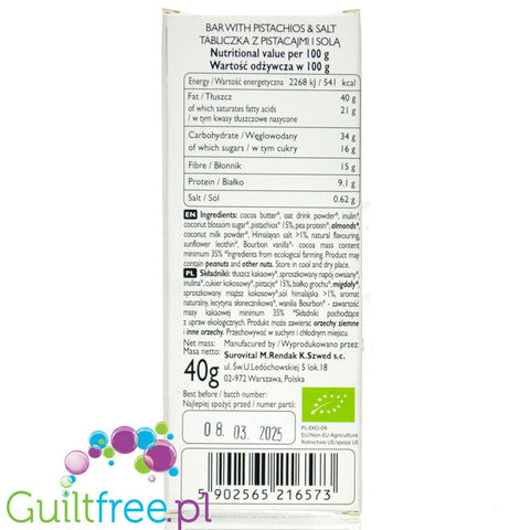 Raw Cocoa Bar Pistachios & Salt - wegańska biała tabliczka z solonymi pistacjami, 60% mniej cukru